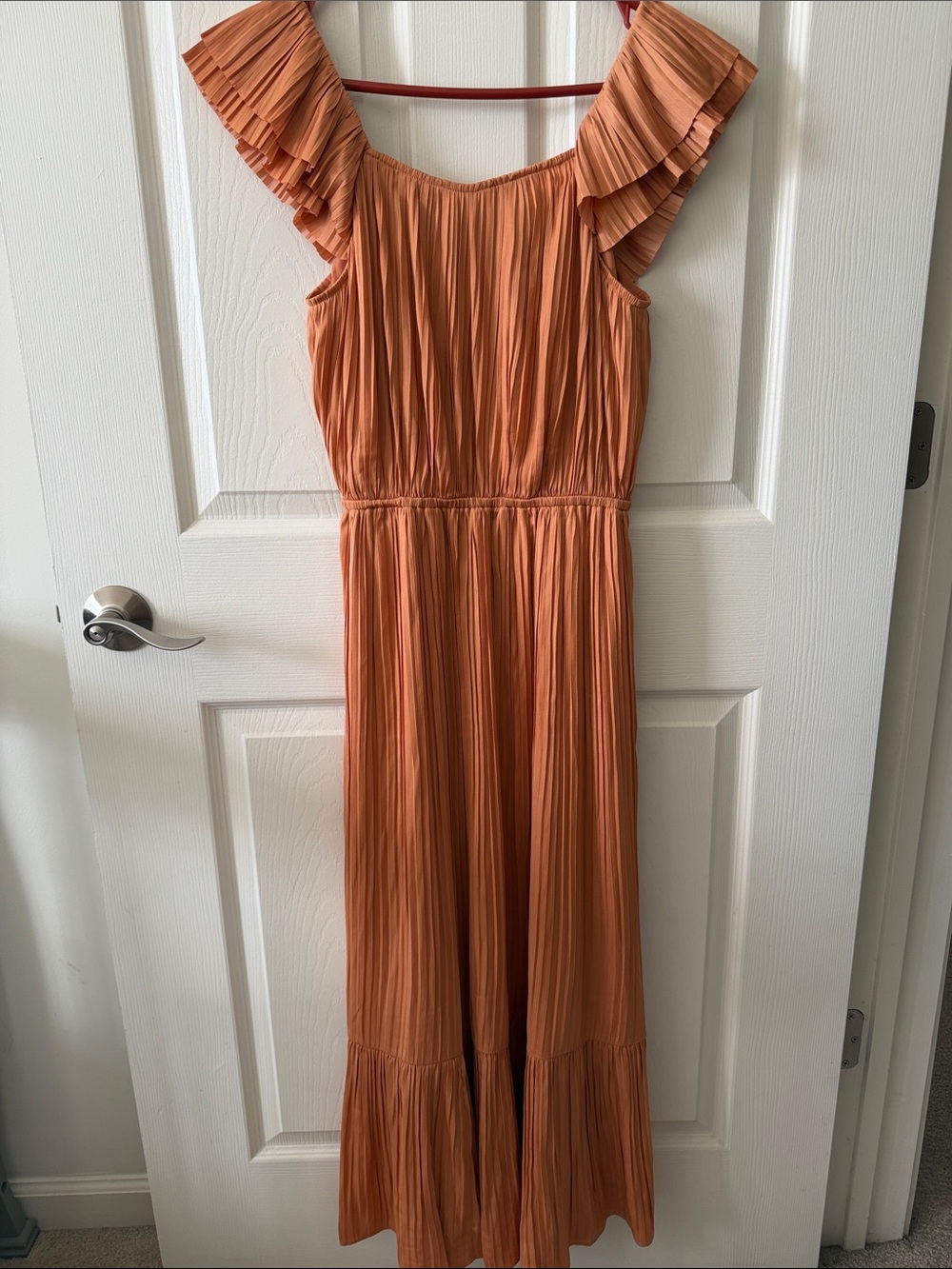 Tahari Orange Pleated Ruffle-Sleeve Maxi Dress
